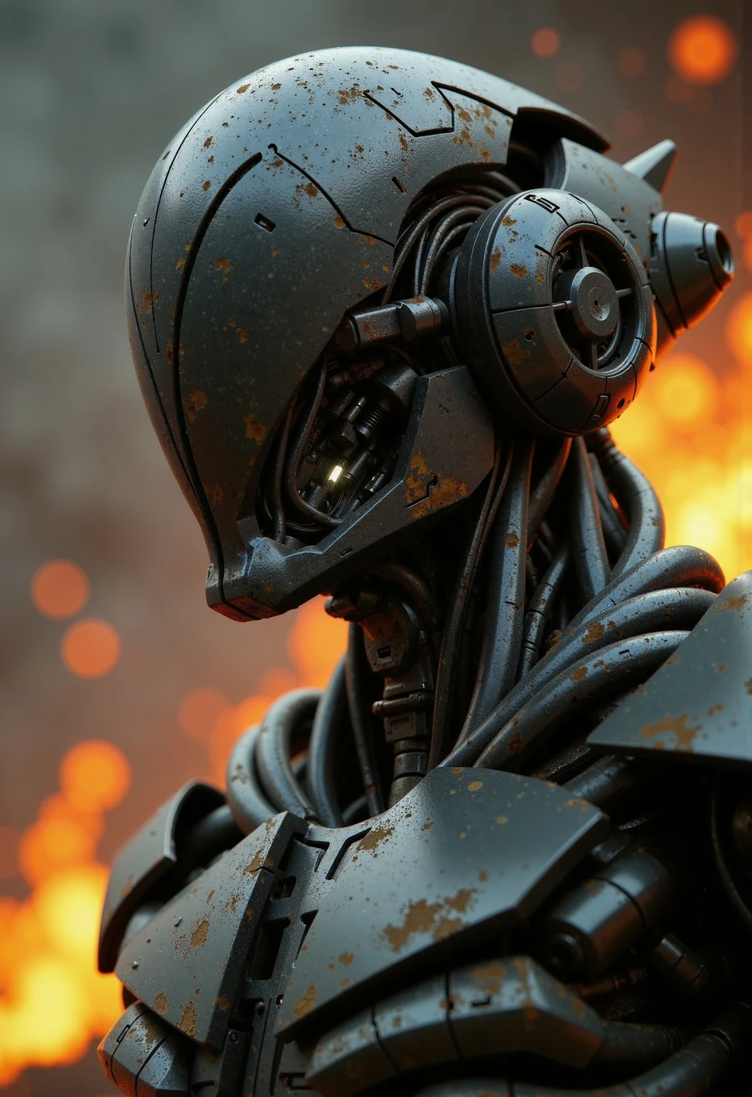 Photorealistic portrait of a heavily weathered, faceless android warrior, its design a fusion of Brutalist mass and Inquisitorial austerity. Depicted in a dynamic quarter view, head turned sharply, V-shaped faceplate catching the light. The helmet is formed from thick, overlapping plates of weathered dark metal with sharp, unforgiving angles, featuring smooth, featureless sides. The entire machine is coated in layers of oily grime and streaked with both fresh and dried blood. Exposed actuators and heavy, piston-like joints in the neck and torso glow faintly with a cold, white light through the muck. The upper body armor is massive and angular, suggesting layered, brutal protection, bearing impact marks and gouges. Set against a blurry, fire-lit background suggesting a purge or cleansing. High-contrast cinematic lighting catching sharp highlights on the angular, oily surfaces, hyperrealistic textures emphasizing brutal wear and tear, shallow depth of field implying violent action.