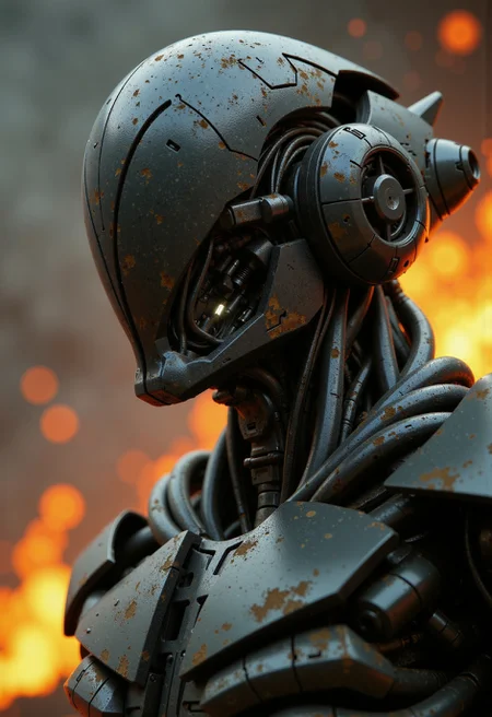 Photorealistic portrait of a heavily weathered, faceless android warrior, its design a fusion of Brutalist mass and Inquisitorial austerity. Depicted in a dynamic quarter view, head turned sharply, V-shaped faceplate catching the light. The helmet is formed from thick, overlapping plates of weathered dark metal with sharp, unforgiving angles, featuring smooth, featureless sides. The entire machine is coated in layers of oily grime and streaked with both fresh and dried blood. Exposed actuators and heavy, piston-like joints in the neck and torso glow faintly with a cold, white light through the muck. The upper body armor is massive and angular, suggesting layered, brutal protection, bearing impact marks and gouges. Set against a blurry, fire-lit background suggesting a purge or cleansing. High-contrast cinematic lighting catching sharp highlights on the angular, oily surfaces, hyperrealistic textures emphasizing brutal wear and tear, shallow depth of field implying violent action.