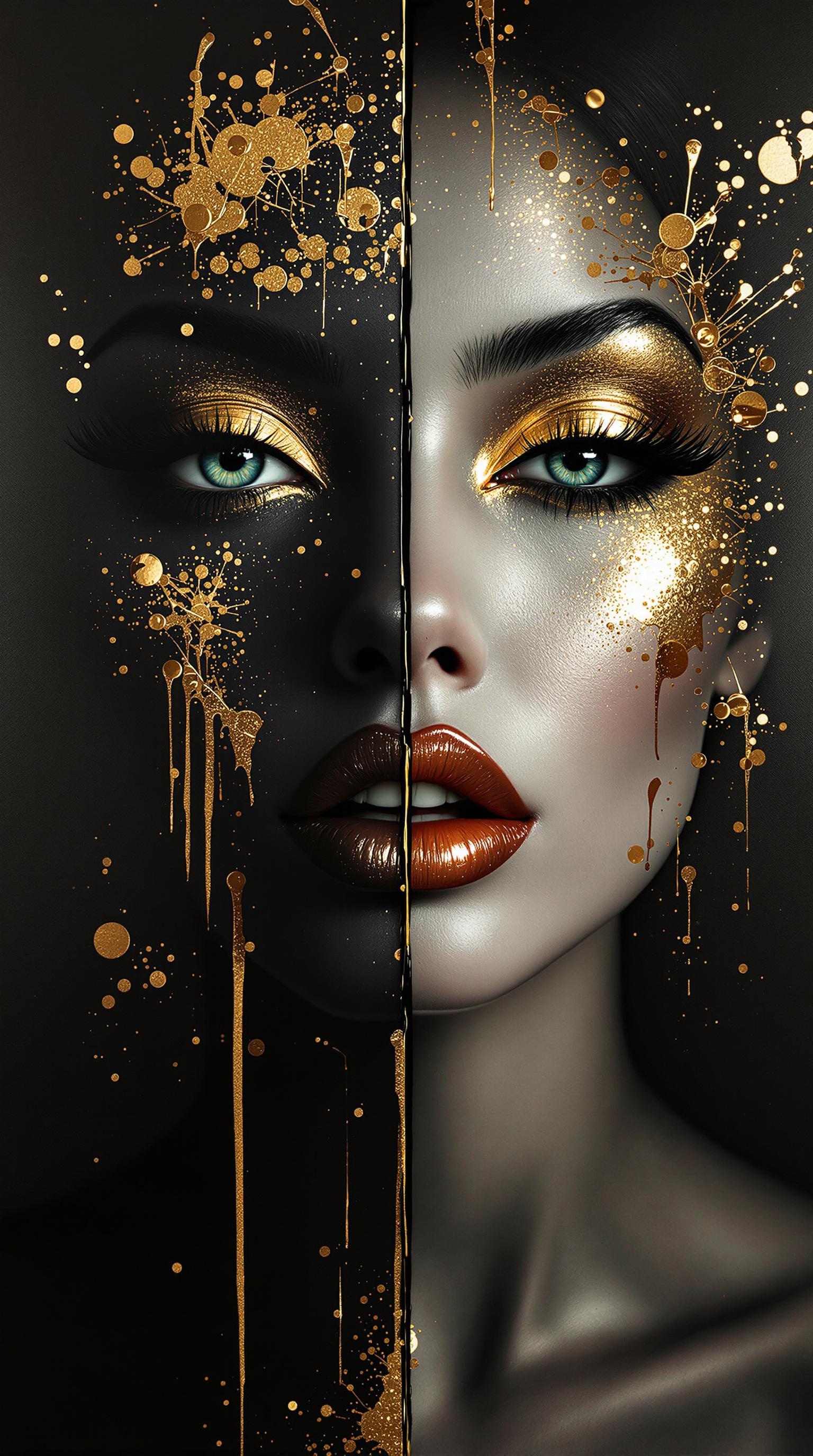 A dramatic, surrealist portrait featuring a woman with a striking, gold-accents-encrusted face. Her eyes are accentuated with metallic eye shadow, and her full, defined lips curve into a subtle, enigmatic smile. Her face is a masterful blend of realistic and abstract elements, with sharp, defined features and a bold, metallic sheen that seems to shimmer in the light. The background is a deep, dark gray, punctuated by a few strategically placed paint drips and metallic splatters. The portrait is split in two, with the left side pristine and untouched, while the right side begins to dissolve, like paint bleeding into the background. The overall effect is one of dark, contemporary art, with a sense of decay and glamour that's both haunting and beautiful. High Dynamic Range, Highly detailed, Ultra High Resolution 8k. 8k highest resolution with sharp intricate details.