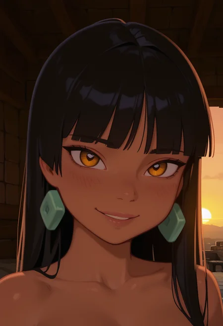 masterpiece, best quality, cinematic lighting, amazing quality, very aesthetic, absurdres, best quality, 4k, upscale, melanch0ly, hearts, detailed pupils, well drawn eyes,
chel, portrait, looking at viewer, smile,
bedroom, sunrise, dark lighting, warm lighting,
<lora:Chel_IL:0.8>