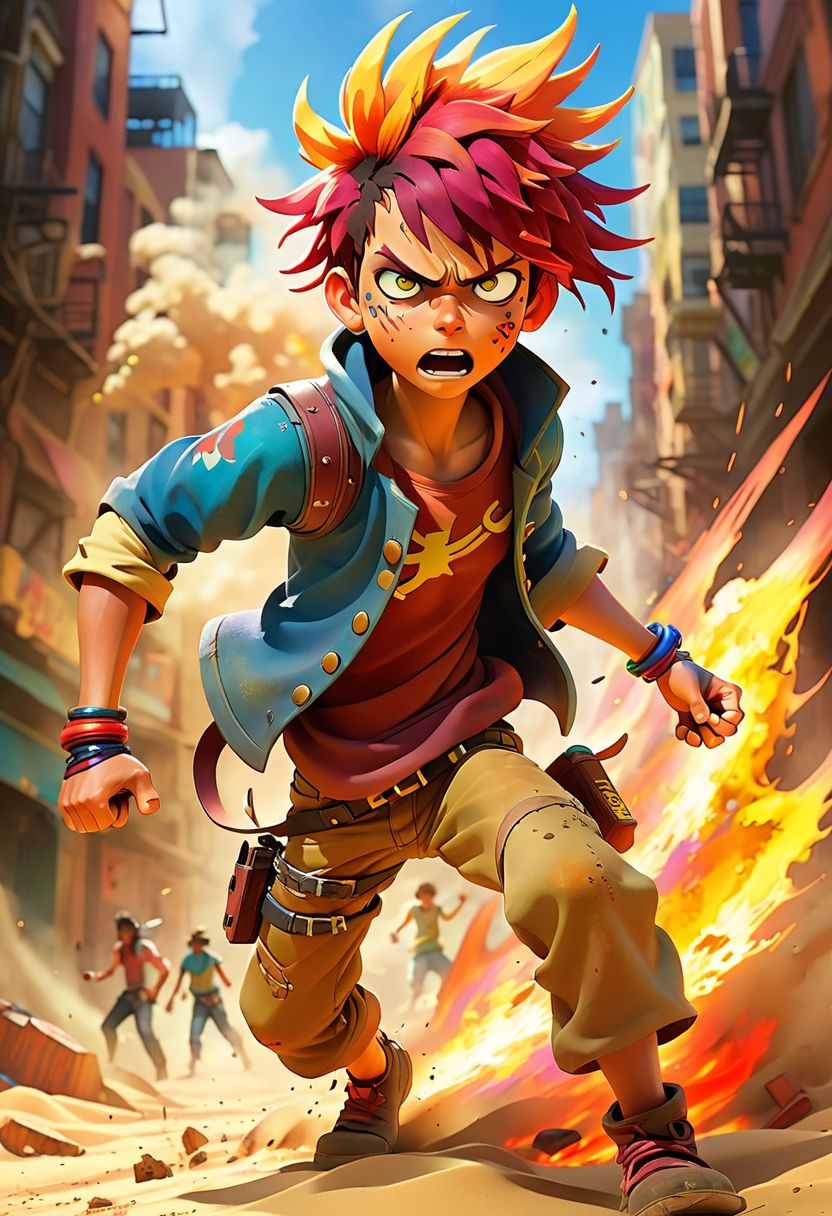 masterpiece, best quality, sand land style boy fighting, cyberpunk, pirate, FLCL, Pixar, in a riot, people fighting, city on fire, rebellion, soul trapped in a body pushing to get out while reality compresses it back in, dusty rainbow from the dark, , character concept art, very detailed , sharp focus, fine lines, fine art, bright colors, in rays of sunlight,  artgerm, artstation, lora:detailed_notrigger:1>