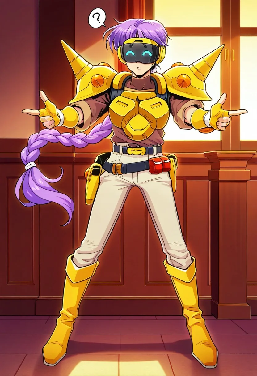 masterpiece, best quality, amazing quality, very aesthetic, absurdres, newest, myroffl3 wearing a VR headset, 1boy, male focus, purple hair, long braided pony tail, spiked pauldrons, yellow armor, brown shirt, yellow fingerless gloves, belt with holster, belt with pouches, beige pants, boots, confused, arms outstretched, indoors, long legs