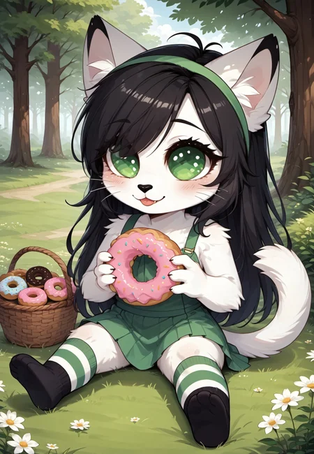 safe_pos, masterpiece, score_9_up, score_8_up, score_7_up, score_6_up, source_furry, (best quality:1.1), ultra-detailed, high resolution, highly detailed macro illustration, solo BREAK 1girl, Kaja, anthro cat, feline, female, (white fur), long black hair, green hairband, hair over one eye, long eyelashes, eyebrows, black animal nose, (whiskers:1.2), fluffy ears, fluff in ears, tail, breasts, (cute expression, cute face:1.8), fangs out, (pink shiny tongue:1.3), tongue out, :3, ((beautiful detailed green eyes, green pupils)), (green skirt:1.2), (black wool socks:1.2), (white and green striped knee socks:1.2), close-up, face focus, sitting, (holding big donut:1.4), BREAK mikus-concept, full body, cute, chibi BREAK sc3n3ry, outside, lawn, green forest, (daisies:1.3), (basket of sweets:1.3), trees, grass, sunny, shadows, happy atmosphere, afternoon, low sun BREAK sharp focus, perfect lighting, anatomically correct, extremely detailed, high detail, detailed background, OverallDetail, zPDXL3