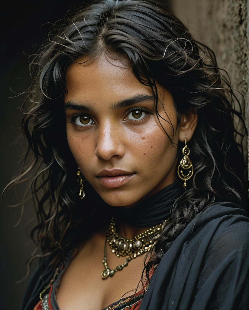 Portrait of a gypsy girl, lying on the ground, profile, wavy black hair, loose and messy hair, strands on her face, hyper-detailed black eyes, direct gaze, dark skin, straight nose, full lips, (mouth ajar: 1.5 ), (smile:1), long face, black scarf around the neck, earrings, fashion style, (Steve McCurry, Herb Ritts, Mario Sorrenti), jasmine, musk, sensuality, earthy tones, black background, studio posture, light side, high contrast, photo quality, 4K