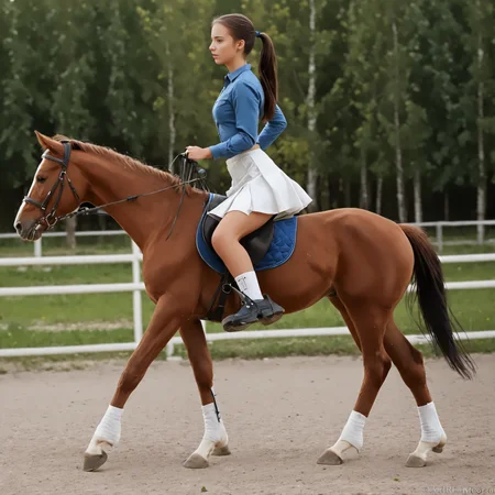 RiHorse, side_view++ (slim 25yo girl) riding a galloping horse. The girl wears white short skirt and blue shirt. The girl has short brunette ponytail <lora:RideHorse:1>