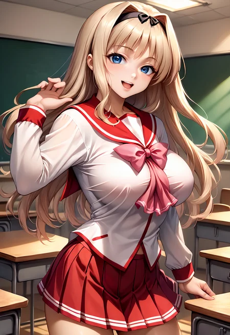 score_9, score_8_up, score_7_up, source_anime BREAK 1girl, solo, <lora:toheart_sasara:1>, toheart_sasara, (2000s\(style)\:0.5), cowboy shot, school uniform, serafuku, red sailor collar, pink bowtie, long sleeves, red skirt, mini skirt, legs, large breasts, bangs, light beige colored hair, black hairband, black hair ribbon, long hair, blue eyes, looking at viewer, smile, open mouth, classroom
