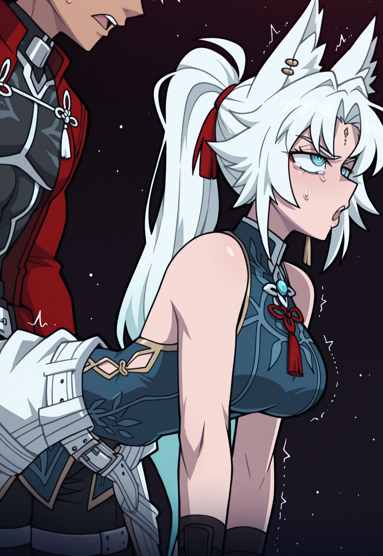masterpiece,best quality,amazing quality,(thick outline),vanripper, ,1girl, Fe1x10, animal ears, long hair, ponytail, multicolored hair, white hair, red eyeliner, ringed eyes, forehead mark,ear piercing ,Fe1x10df, animal ears, long hair, ponytail, multicolored hair, white hair, red eyeliner, ringed eyes, forehead mark, ear piercing, tassel hair ornament, tassel earring, print shirt, brooch, blue shirt, chinese clothes, high collar, tassel, white coat, red gloves, fingerless gloves, white belt, waist cape, black shorts, thigh strap, mature female, detailed eyes,pretty eyes,, , simple background, ohogao,  puckered lips, trembling, tearing up,  v-shaped eyebrows, rolling eyes, open mouth, portrait, BREAK emiya looking down, emiya_archer
best eyes
messy hair
vest, sleeves, knots, pants, waist cape, belt
black vest, bare shoulders,  side view, bent over, side view, sex from behind, detailed,
space ship, pretty eyes,