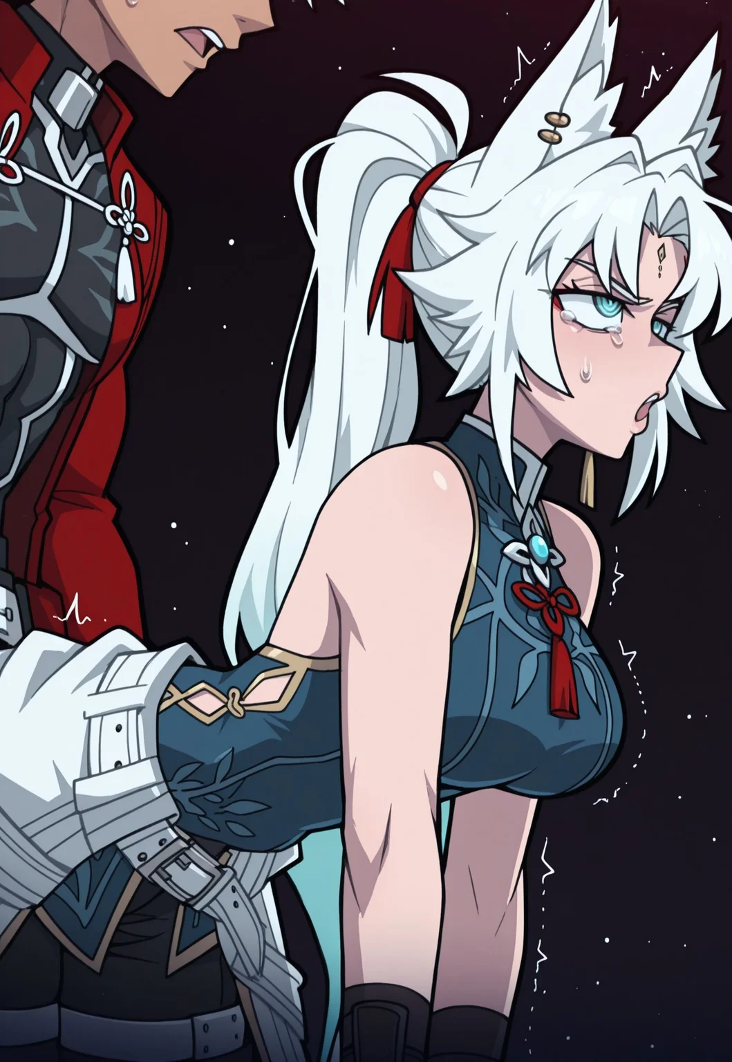 masterpiece,best quality,amazing quality,(thick outline),vanripper, ,1girl, Fe1x10, animal ears, long hair, ponytail, multicolored hair, white hair, red eyeliner, ringed eyes, forehead mark,ear piercing ,Fe1x10df, animal ears, long hair, ponytail, multicolored hair, white hair, red eyeliner, ringed eyes, forehead mark, ear piercing, tassel hair ornament, tassel earring, print shirt, brooch, blue shirt, chinese clothes, high collar, tassel, white coat, red gloves, fingerless gloves, white belt, waist cape, black shorts, thigh strap, mature female, detailed eyes,pretty eyes,, , simple background, ohogao, puckered lips, trembling, tearing up, v-shaped eyebrows, rolling eyes, open mouth, portrait, BREAK emiya looking down, emiya_archer
best eyes
messy hair
vest, sleeves, knots, pants, waist cape, belt
black vest, bare shoulders, side view, bent over, side view, sex from behind, detailed,
space ship, pretty eyes,