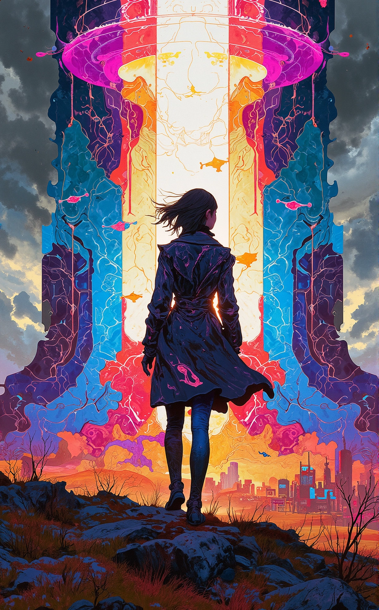 Off-center composition, half-body shot, A woman in a futuristic, high-collared coat stands on a windswept hill, overlooking a dystopian city. Her hair is slicked back. The coat glows faintly with neon threads, and the wind whips her hair around her face. The sky is a stormy gray., In Front of a Giant Energy Gate: The shimmering energy gate pulses with vibrant blues and purples, casting an otherworldly glow on everything nearby. Geometric patterns ripple across the surface, hinting at the untold power within. Surveillance drones patrol the perimeter, ensuring no one crosses without permission., papercut collage of dark art by Eddie Mendoza, sci-fi art by James Paick, , cinematic, futuristic, detailed, sci-fi, Magical realism, dreamlike landscapes, vibrant colors . mixed media, textured paper, overlapping, asymmetrical, abstract, vibrant