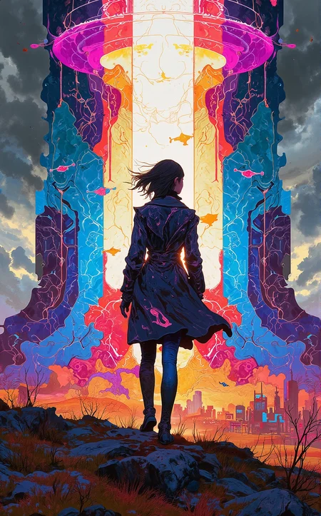 Off-center composition, half-body shot, A woman in a futuristic, high-collared coat stands on a windswept hill, overlooking a dystopian city. Her hair is slicked back. The coat glows faintly with neon threads, and the wind whips her hair around her face. The sky is a stormy gray., In Front of a Giant Energy Gate: The shimmering energy gate pulses with vibrant blues and purples, casting an otherworldly glow on everything nearby. Geometric patterns ripple across the surface, hinting at the untold power within. Surveillance drones patrol the perimeter, ensuring no one crosses without permission., papercut collage of dark art by Eddie Mendoza, sci-fi art by James Paick, , cinematic, futuristic, detailed, sci-fi, Magical realism, dreamlike landscapes, vibrant colors . mixed media, textured paper, overlapping, asymmetrical, abstract, vibrant