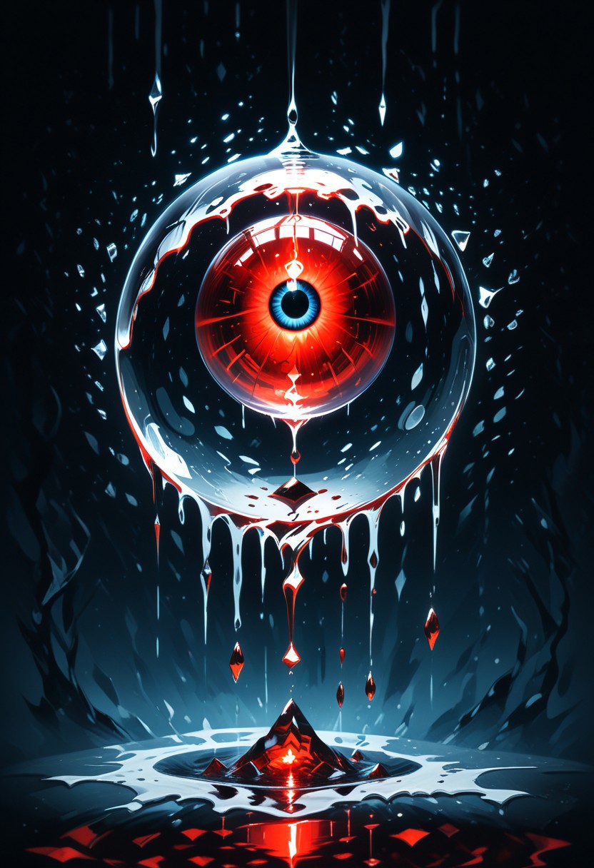 (masterpiece), best quality, Illustration, (Floating Sphere, Crystal, Magic, Reflection, Melting, Dripping, red eyeball), dark Background, No Humans, Starry Theme, (Light Refraction), red and black Theme, Natural Lighting, Verynsty