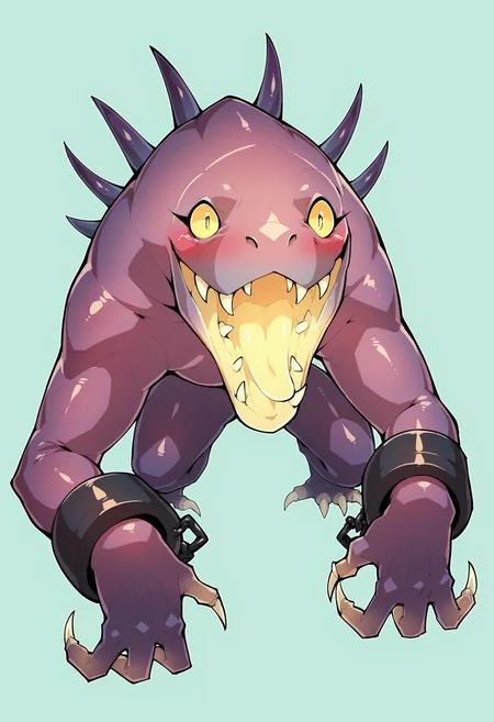 score_9, score_8_up, score_7_up, score_6_up, score_5_up, score_4_up, 1girl, <lora:Acrid:0.85> solo, monster, no humans, claws, extra eyes, four eyes, yellow eyes, glowing, no pupil, teeth, spikes, cuffs, looking at viewer, blush, upper body, from front, open mouth, happy, portrait,
light blue background, simple background,