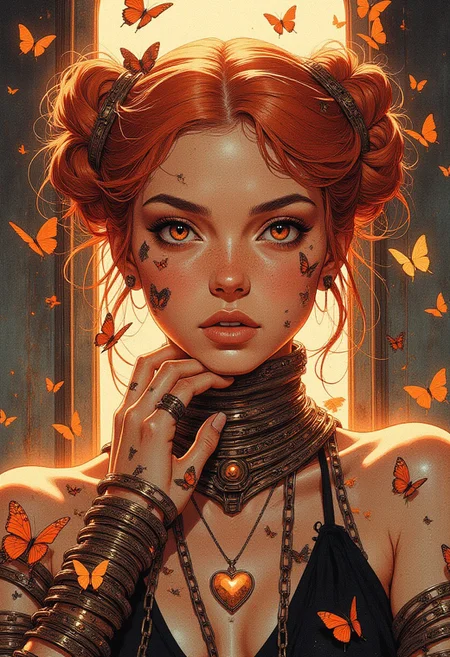 (high-fashion studio artwork with utmost realism) A digital illustration featuring a young woman with a striking appearance. She has warm, sun-kissed skin and vibrant copper hair styled into two high buns adorned with butterflies, their wings displaying shades of burnt orange and deep bronze. Her piercing amber eyes are accentuated by bold, smoky eyeshadow, and she wears a delicate, rose-gold, heart-shaped necklace around her neck. Her lips are painted a shimmering, metallic copper, enhancing her radiant and ethereal aura. She is bound by dark brass chains around her wrists and forearms, draped over her chest, creating a sense of confinement. Surrounding her are numerous butterflies, some perched on her hair, others fluttering around her face and hands. The background is a deep, charcoal gray, with warm golden-orange light beams radiating from above, casting a dramatic glow that highlights her features and the intricate details of the butterflies. The overall style is highly detailed and realistic, focusing on the intricate textures of the butterfly wings and the reflective sheen of the chains. anime, cyberpunk