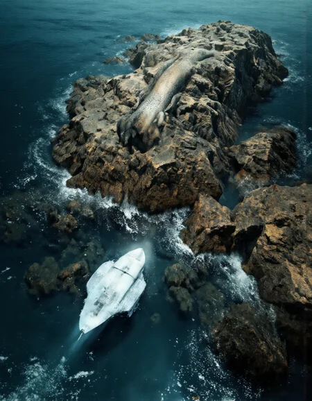 By Brandon Le. A digital illustration shoot from a bird's eye view about a futuristic underwater scene featuring a large, humanoid creature emerging from rocky formations in the middle of the image, surrounded by smaller fish. the creature appears to be a humanoid humanoid with a humanoid body, large eyes, and a long, slender neck. it is situated on a rocky, jagged shoreline with deep blue water surrounding it. in the foreground, a small, white, futuristic vehicle is visible, partially submerged in the water near the creature. the vehicle has a sleek, streamlined design with a pointed nose and a wide, flat body. the scene is illuminated by a soft, ethereal light source, casting gentle shadows on the rocky terrain. the overall atmosphere is dramatic, with a sense of depth and mystery.