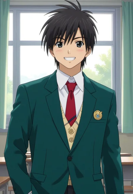 ((masterpiece)), ((best quality)), ((ultra-detailed)), ((absurdres)), score_9_up, score_8_up, score_7_up,
HD, top quality, best quality, amazing quality, High-quality illustrations, anime screencap, source_anime, best aesthetic, perfect proportions, perfect eyes, 1boy, 1male, solo boy, solo male, male focus, solo male focus, Anime, boy, male anime character, anime boy, handsome, cute, charming, sexy, good-looking, Junpei Manaka, black hair, black-gray eyes, dark green blazer, red necktie, dark gray pants, ((slim body, lean body)), ((cowboy shot, head to hips shot)), ((front view, front shot, facing front, view from the front)), ((classroom, windows, curtains)), ((smile, happy))
