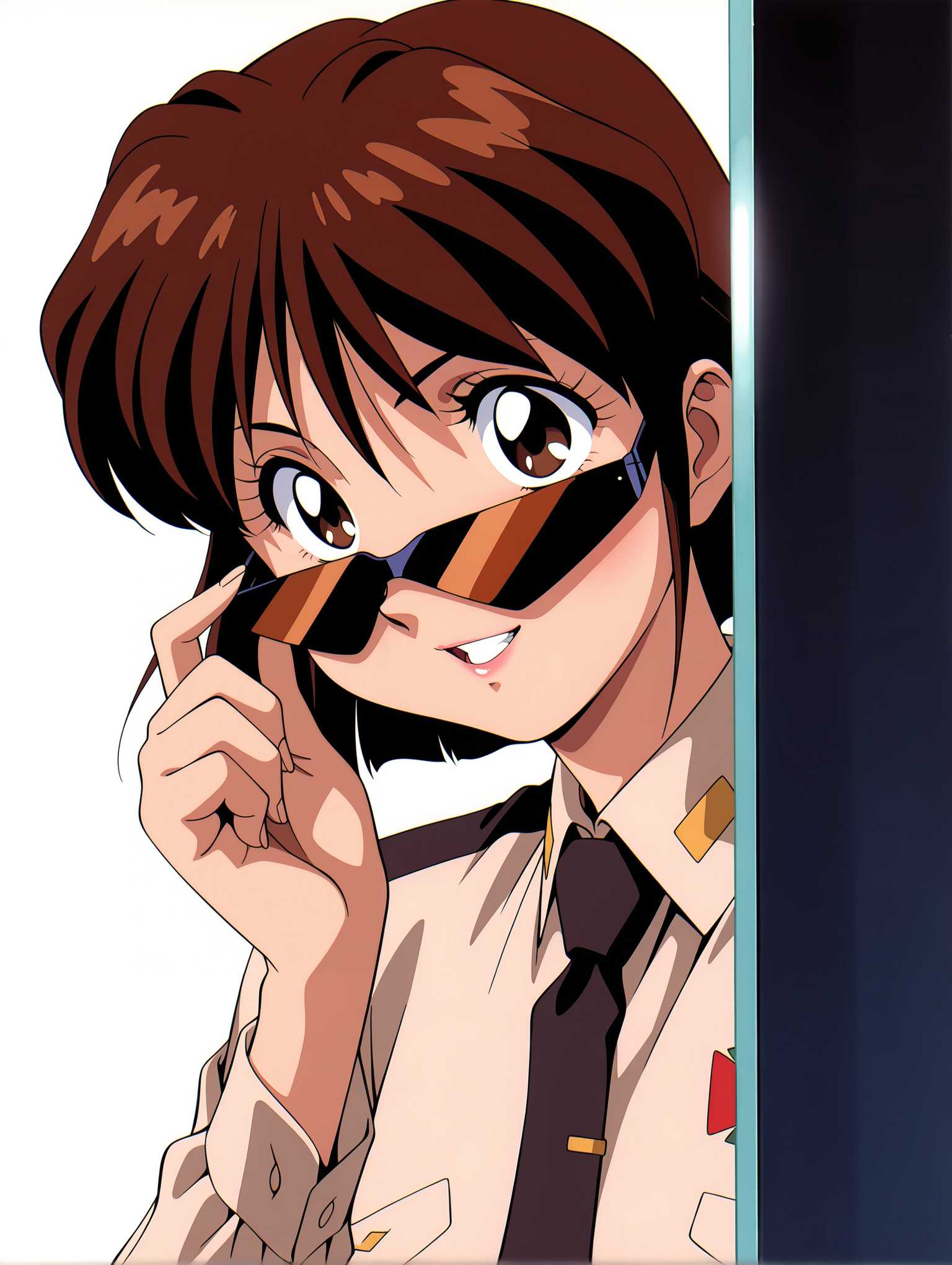 masterpiece,best quality,amazing quality,
1girl,solo,
<lora:Yuriko_Star_ilxl_v1.0:1>,Y_S,brown hair,short hair,brown eyes,
y_clothes,shirt,black tie,
<lora:Fixhands_anime_bdsqlsz_V1:1>,simple_background,white_background,light_blush,open mouth,Inside a Spaceship,standing,sunglasses,retro artstyle,adjusting eyewear,looking over eyewear,upper_body,grin,