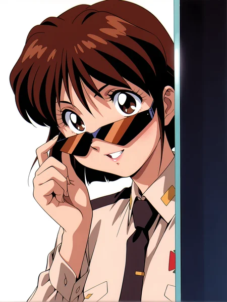 masterpiece,best quality,amazing quality,
1girl,solo,
<lora:Yuriko_Star_ilxl_v1.0:1>,Y_S,brown hair,short hair,brown eyes,
y_clothes,shirt,black tie,
<lora:Fixhands_anime_bdsqlsz_V1:1>,simple_background,white_background,light_blush,open mouth,Inside a Spaceship,standing,sunglasses,retro artstyle,adjusting eyewear,looking over eyewear,upper_body,grin,