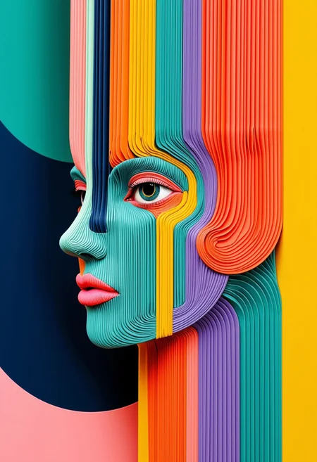 "A unique, hyper-realistic close-up portrait in paper-fold vector art style, where the entire face is composed of intricate, straight colorful lines and sharp abstract shapes, arranged with precision. Each line layer and angle represents sections of the face, forming a mosaic-like structure with flat, vibrant colors. Dominant colors include shades of teal, orange, purple, and lime green, with lines concentrated around key facial features like the eyes, cheekbones, and lips to emphasize depth and definition. Larger clusters of shapes highlight contours, giving the face a stylized dimensionality that evokes a folded-paper effect. The background consists of flat abstract shapes in deep blues, yellows, and soft pinks, enhancing contrast while maintaining a cohesive color theme. The style embodies a modern, clean design, exuding both simplicity and complexity in its layered textures. Rendered in ultra-high-definition with crisp vector clarity, each fold and line stands out sharply, creating an intricate, vibrant piece with a unique, contemporary vibe
