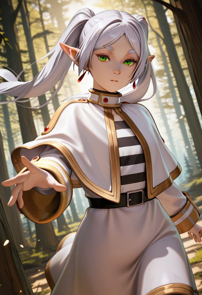 masterpiece, best quality, intricate details, detailed background, beautiful detailed, beautiful face, detailed eyes, detailed face, new, newest, ub3rstyl3, 1girl, solo, frieren, cowboy shot, looking at viewer, forest, dutch angle, dynamic pose,