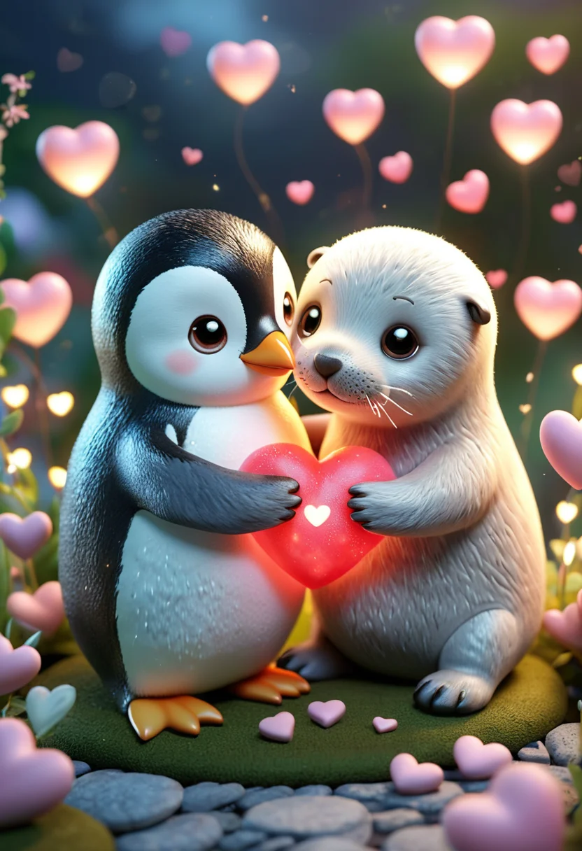 High-detail masterpiece 3D image composition featuring a variety of unique and adorable creatures in a heartwarming, romantic setting, with a gentle, loving atmosphere, The two creatures are Hugging another, surrounded by Floating Hearts, with each element having a soft, round, 3D look, enhancing their cuteness, The scene is set in a Magical Garden, where Sparkling Trails illuminate the surroundings, creating a dreamy, romantic atmosphere with soft, glowing lighting, bringing everything to life in a 3D, cuddly way, <lora:add-detail-xl:1>, BREAK,
A Penguin, with Glowing Eyes, gazing lovingly at its companion, filled with Warmth, in an irresistibly cute, 3D style, BREAK,
A Seal, with Tiny Heart-Shaped Paws, sharing a Heart-Shaped Object, with Adorable Expressions,