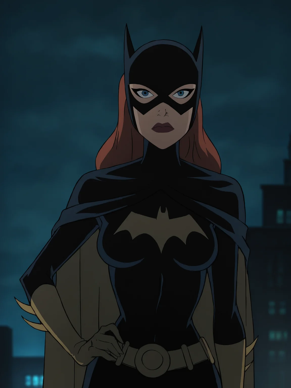 <lora:BatgirlPony1.0:1> BarbaraG, 1girl, solo, cape, mask, belt, gloves, blue eyes, superhero, long hair, bodysuit,upper body, cowboy shot, breasts, night, medium breasts, lipstick, batgirl, looking at viewer, hand on own hip, score_9, score_8_up, score_7_up, score_6_up, score_5_up, score_4_up