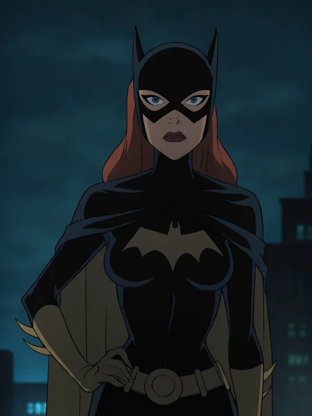 <lora:BatgirlPony1.0:1> BarbaraG, 1girl, solo, cape, mask, belt, gloves, blue eyes, superhero, long hair, bodysuit,upper body, cowboy shot, breasts, night, medium breasts, lipstick, batgirl, looking at viewer, hand on own hip, score_9, score_8_up, score_7_up, score_6_up, score_5_up, score_4_up