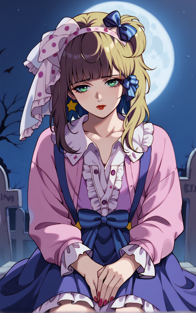 score_9, score_8_up, score_7_up, looking at viewer,  BREAK
ANIME_PresenceDoll_RobotCarnival_ownwaifu, 
1girl, green eyes, makeup, messy hair, blonde hair, hair bow, long hair, jewelry, bangs, blue bow, bow, ribbon, collarbone, star earrings, earrings, lipstick, nail polish, hair ornament, hair ribbon, brown hair, multicolored hair, red lips, blunt bangs, two-tone hair
purple dress, frilled dress, dress, doll, horror \(theme\), sad, long sleeves, frills, star (symbol), shirt, striped, veil, polka dot, white shirt, suspenders, pink shirt, collared shirt, blue skirt, star print, frilled shirt collar, frilled sleeves, shirt tucked in, pink headwear, open clothes, 
(sitting, full moon), graveyard, grave, tombstone, moonlight, <lora:PONYXL_PresenceDoll_RobotCarnival_ownwaifu:0.8> , depth of field, solo, Captivating Image,