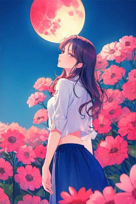 Samia, girl, solo, shirt, looking at you, face,midriff, perfect, flowers, high quality, moon kiss, radiant, moon, red moon, galant