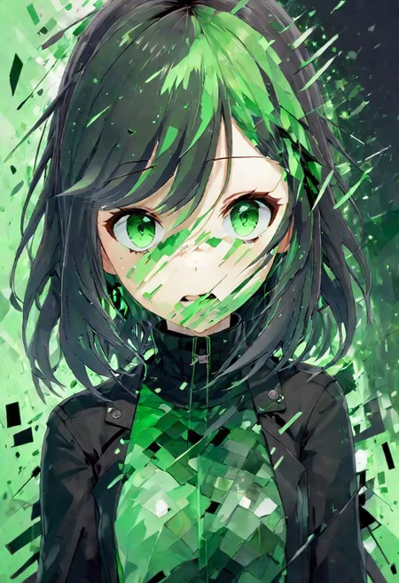 abstract portrait of 1girl,fragmented visual style,green and black color palette,evokes feelings of loss, fading away, parts of body flaking away,passion,and freedom,blurred boundaries,scared, eyes wide,worried, <lora:Maya_Makinami:1>, afraid