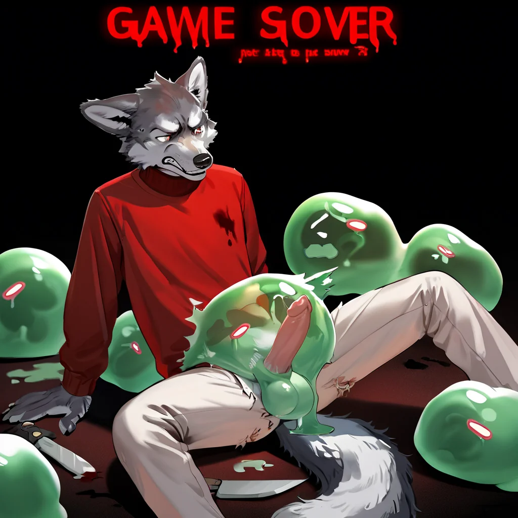 score_9, score_8_up, score_7_up, score_6_up, score_5_up, score_4_up, source_anime, slime_penetrated, 1girl, solo, shirt, long sleeves, 1boy, animal ears, sitting, tail, weapon, male focus, penis, teeth, pants, spread legs, sweater, english text, torn clothes, blood, bottomless, arm support, parody, erection, testicles, wolf ears, knife, black background, clenched teeth, red shirt, furry, monster, leaning back, holding knife, dagger, furry male, body fur, grey pants, gameplay mechanics, brown pants, interspecies, reclining, wolf, slime (substance), torn pants, snout, slime (creature), wolf boy