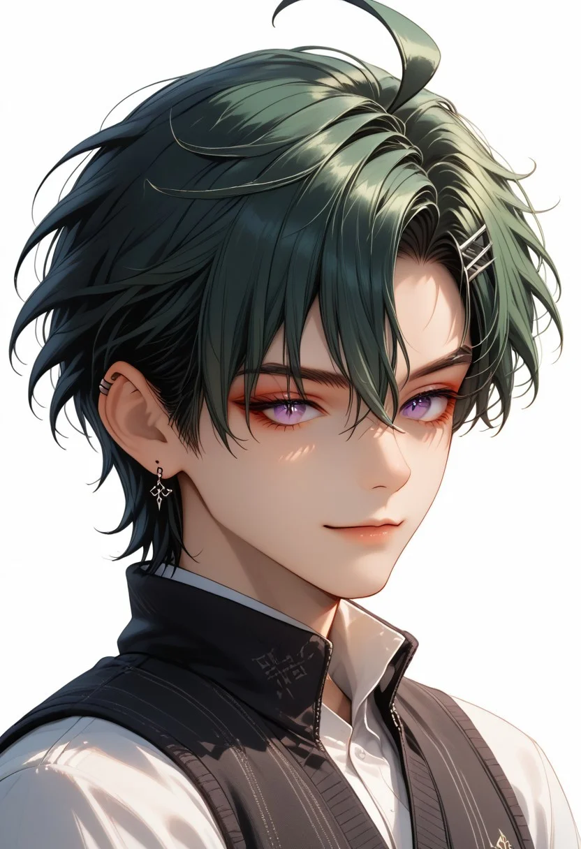 Score_9, Score_8, Score_7,masterpiece quality, bust shot, upper body, perfect eyes, perfect face, perfect ears, perfect anatomy, perfect hands, intricate details,1boy, antherima, solo, 20 years old, dark green hair, hair between eyes, asymmetrical hair parting on left, hair clip on left side, ahoge, medium length bangs, anime reference, slit pupils, purple Eyes, light_red_eyeshadow, ((1_earstud_left_side)), BREAK, waving, smiling, black high collar vest, sleeveless, black shorts,BREAK,
((white_background))