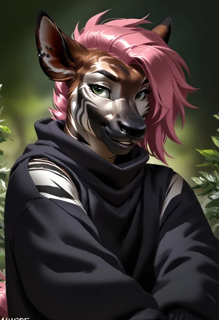score_9, score_8_up, score_7_up, (by zummeng:1.5), (by jailbird:1.5), (by kittydee:1.5), masterpiece, best quality, (solo),
(Furry Art : Anthro: okapi:1.5), 1girl, expressive eyes, feminine eyes, perfect face, feminine face, (neon pink hair with black highlights:1.5), (asymmetrical hair:1.5), feminine body, medium breasts, ossicone horns, multicolored fur, brown fur, white face fur, white fur on limbs, black horizontal strips on libs, (punk clothing:1.5), (green eyes),