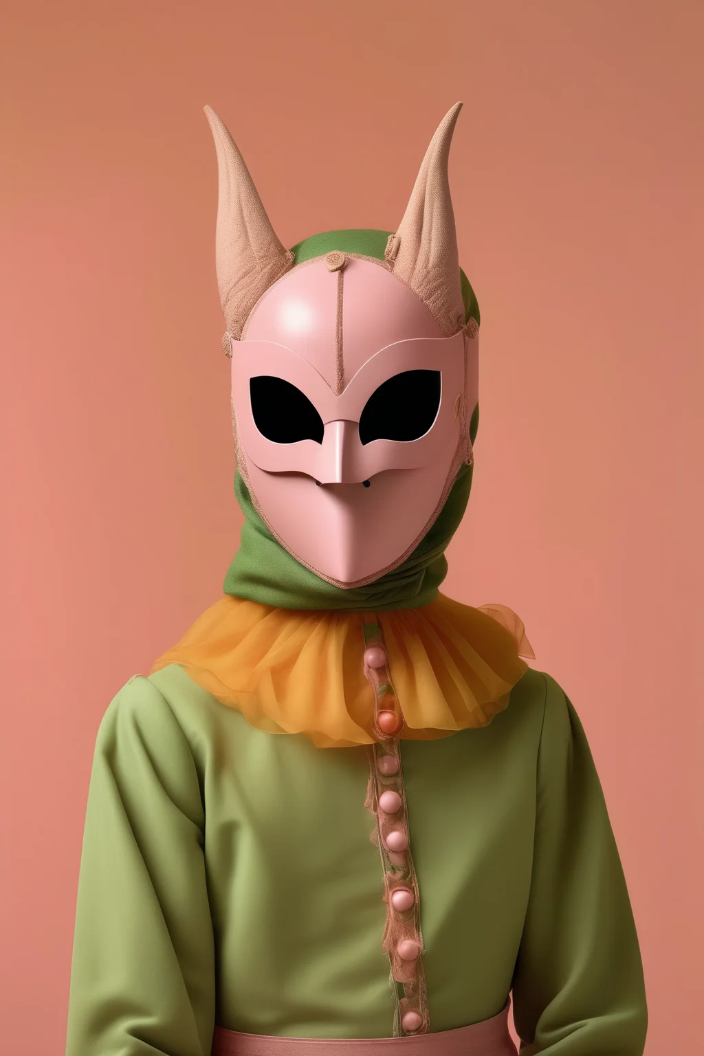 <lora:Sacha Goldberger Style:1>Sacha Goldberger Style - Groovy portrait wearing streetwear renaissance and random mask made out of Bats, surrounded by renaissance kingdom, smooth, minimalistic design by dieter rams, retro futurism, lovely combination of pastel analogous colors, green, orange and pink, yellow background, photographed by Romina Ressia, film still from wes Anderson, medium shot fashion, award winning photography, arty pose, fashion, diaphanous layered ultra haute couture, spectacular