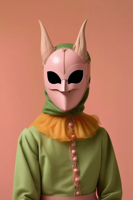 <lora:Sacha Goldberger Style:1>Sacha Goldberger Style - Groovy portrait wearing streetwear renaissance and random mask made out of Bats, surrounded by renaissance kingdom, smooth, minimalistic design by dieter rams, retro futurism, lovely combination of pastel analogous colors, green, orange and pink, yellow background, photographed by Romina Ressia, film still from wes Anderson, medium shot fashion, award winning photography, arty pose, fashion, diaphanous layered ultra haute couture, spectacular