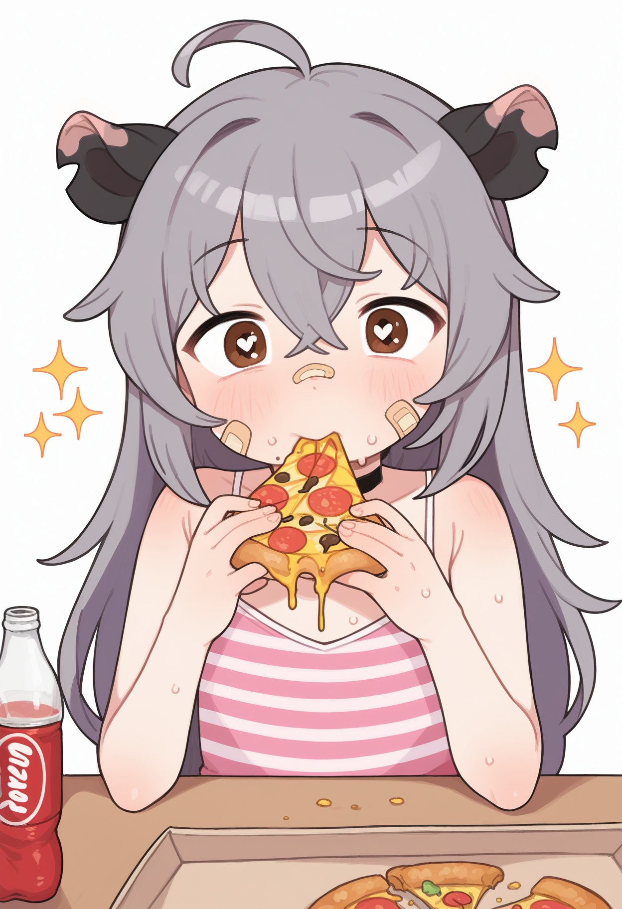 score_9, uncensored, source_anime
BREAK
macci (opossumachine), 1girl, ahoge, bandaid, bandaid on cheek, bandaid on face, bare shoulders, black choker, blush, bright pupils, brown eyes, camisole, cheese trail, choker, closed mouth, crossed bangs, eating, flat chest, food, food on hand, grey hair, hair between eyes, hair flaps, hair ornament, hairclip, happy, holding, holding food, holding pizza, long hair, pepperoni, pink camisole, pizza, pizza box, pizza slice, possum ears, possum girl, sidelocks, soda bottle, solo, sparkle, striped camisole, sweat, upper body, white background, white pupils
<lora:opossumachine_pony_v1_adafactor:1>