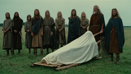 cinematic film still of <lora:detailed:0.2>
<lora:perfection style:0.2>
<lora:Ron Fricke style:0.1>
<lora:Braveheart film style:1>
In 1280 a group of people standing around a body covered in silk laying on a wooden stretcher in field,long hair,multiple girls,white hair,multiple boys,hood,tree,facial hair,beard,6+boys,robe , 13th century, cinematic, kodak, Braveheart film style, shallow depth of field, vignette, highly detailed, high budget, bokeh, cinemascope, moody, epic, gorgeous, film grain, grainy