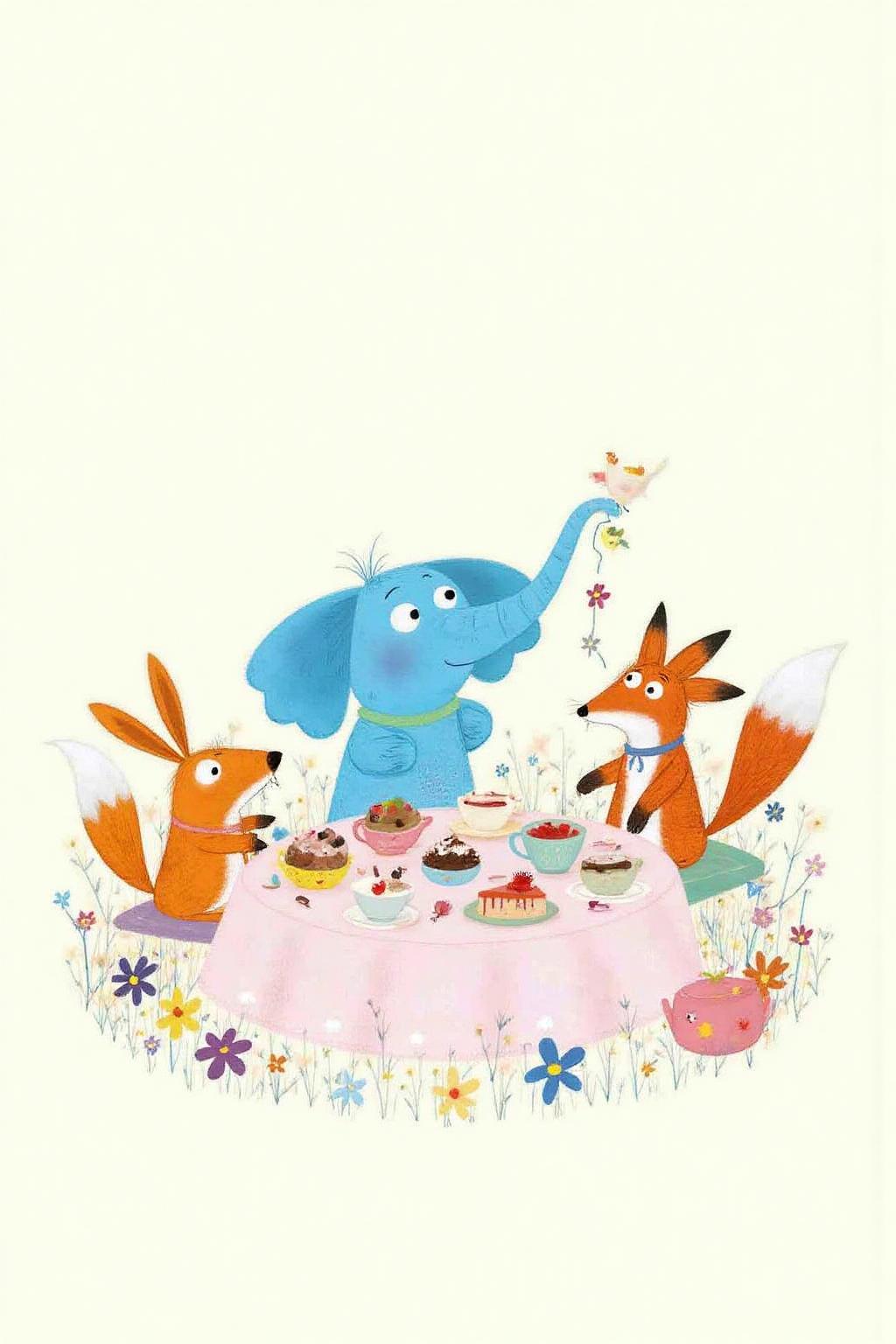 macha1 illustration. 
A blue elephant, a orange rabbit, and a fox are having a tea party.  There are lots of sweet and dessert on the table. <lora:macha1_cap_d6a3e12:1.0><lora:827721325859807494:0>
