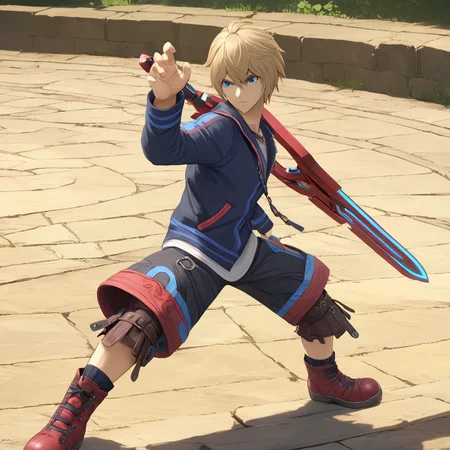 1boy, solo, ShulkXBXL, <lora:ShulkXBXL:.9>, [blue] eyes, necklace , (red) weapon sword [blue] edge, fighting stance, boots, (anime, masterpiece, intricate:1.3), (best quality, hires textures, high detail:1.2), (4k),(incredibly detailed:1.4),UHD, 8K, ultra detailed