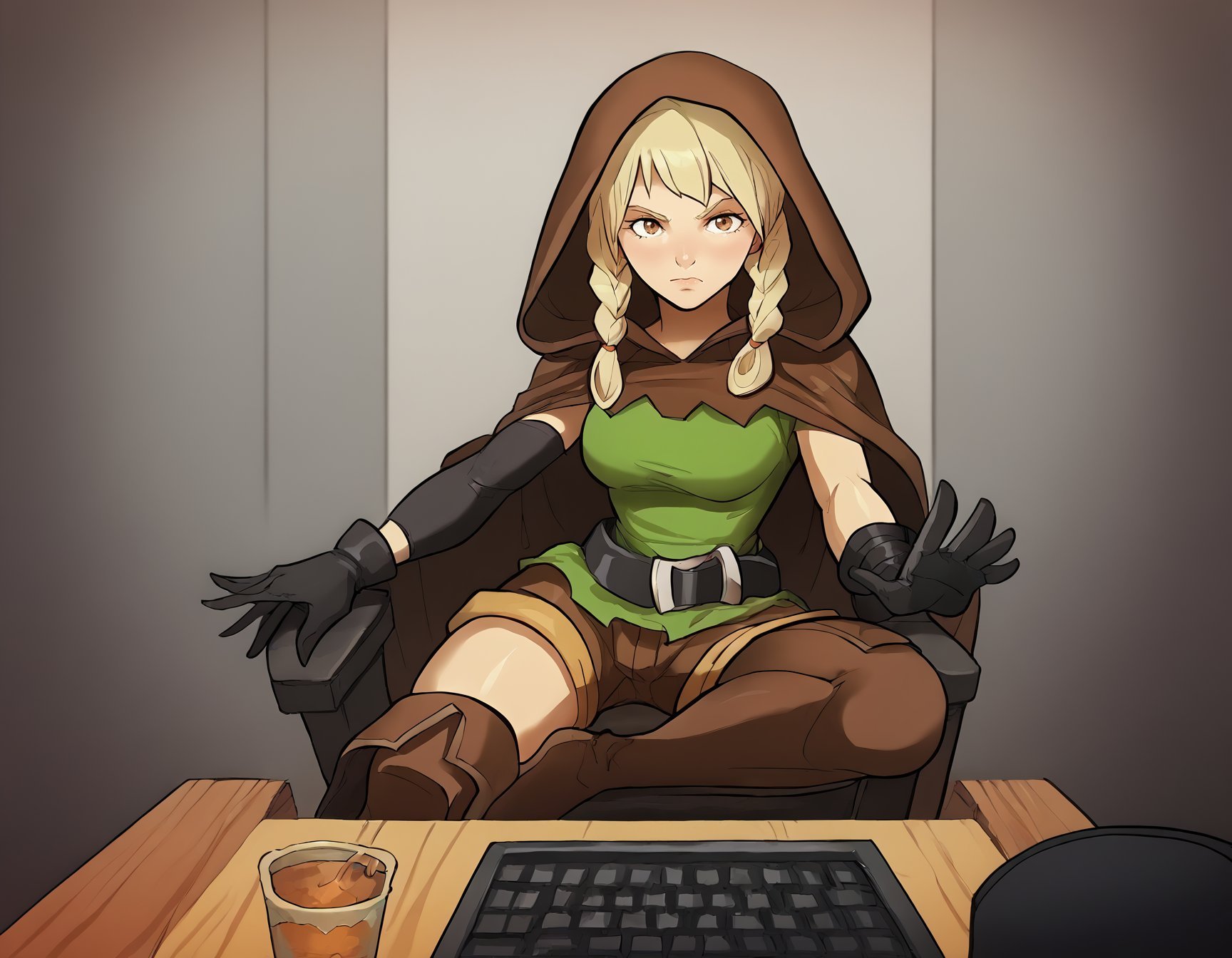 score_9, score_8_up, score_7_up, score_6_up, bbp-dh BREAK, W3BC4MP0V, keyboard (computer), mouse (computer), chair, desk,dcElf, light blonde hair, brown eyes, twin braids, hood, brown cloak, green tunic, black gloves, belt, brown shorts, thigh boots <lora:Artist_Style_-_Bad_Boy_Pool_JAB_PDXL:0.8> <lora:add-detail-xl:0.3> <lora:dcelf-pdxl-nvwls-v1:0.7> <lora:Webcam_POV:0.7>