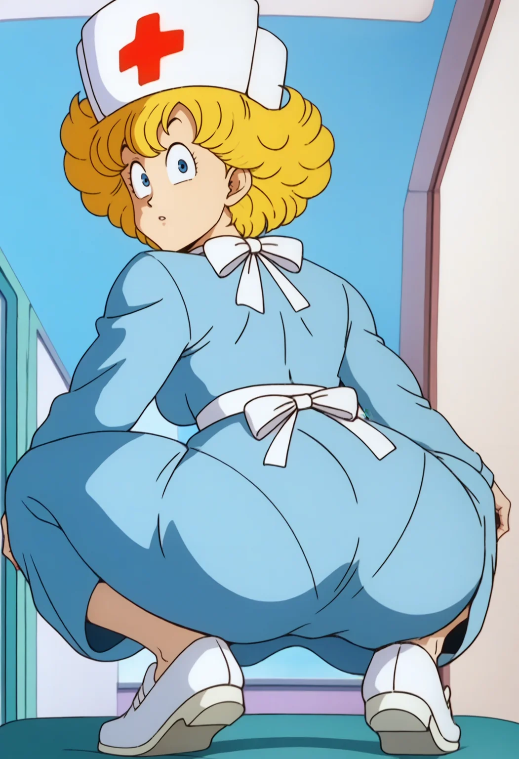 score_9, score_8_up, score_7_up, score_6_up, anime screencap, anime coloring, <lora:DBExtraGirlNur_epoch_7:0.9>, DBExtraGirlNur, 1girl, solo, blonde hair, short hair, blue eyes,
nurse, nurse cap, blue dress, long sleeves,
white footwear, shoes,
squatting, from below, ass, ass focus, looking at viewer, looking back,
BREAK indoors,