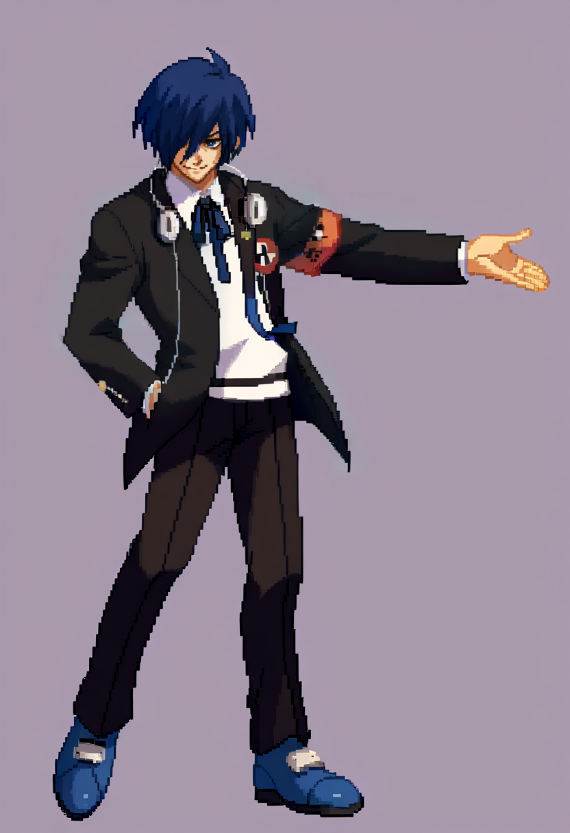 score_9, score_8_up, score_7_up, source_anime, BREAK, solo, 1boy, smirk, looking at viewer, <lora:Guilty-Gear-SpritesV2-pdxl_Fp:1>, simple background, full body, pixel art, standing, <lora:MakotoP3-pdxl_Fp:0.8>, makotop3, school uniform, gekkoukan high school uniform, headphones, blue hair, blue eyes, short hair, black jacket, black pants, hair over one eye, blue footwear, ribbon, long sleeves,