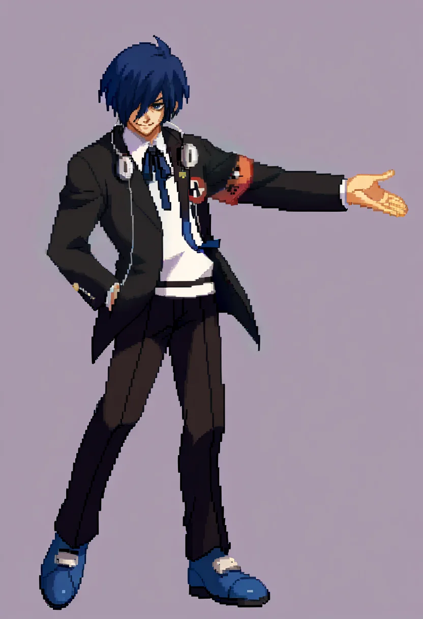 score_9, score_8_up, score_7_up, source_anime, BREAK, solo, 1boy, smirk, looking at viewer, <lora:Guilty-Gear-SpritesV2-pdxl_Fp:1>, simple background, full body, pixel art, standing, <lora:MakotoP3-pdxl_Fp:0.8>, makotop3, school uniform, gekkoukan high school uniform, headphones, blue hair, blue eyes, short hair, black jacket, black pants, hair over one eye, blue footwear, ribbon, long sleeves,