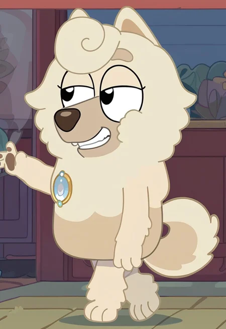score_7_up, score_8_up, score_9, masterpiece,  high quality,
WendyBluey, female, furry female, solo, 1girl, adult, cartoon, anthro dog, dog ears, chow chow, beige fur, black eyes, 
front hair curl, silver brooch, brown nose, dog tail, 
smiling, teeth, ((bedroom eyes)),
walking, full body view, full body