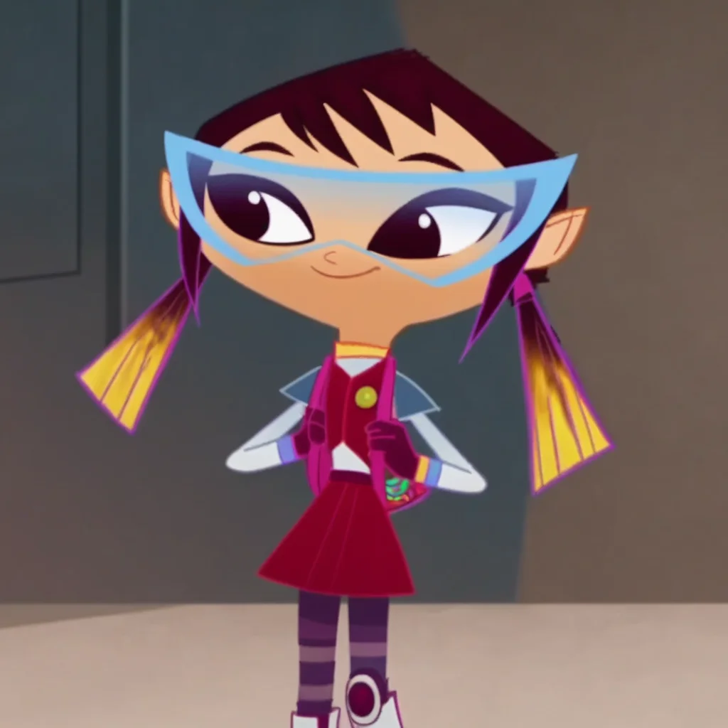 peach skin, specs with light blue rims, expressive eyes, in a room, dark brown hair, two ponytails, necklace, smile, full body, violet and yellow highlights hair, 1girl, purple eyeshadow, Score_9, red-violet miniskirt, Sashy_Kobayashi, long-sleeved sky blue shirt with purple and blue lines wrist, different styled socks, standing, dark brown eyes, white boots with a purple line down the front, red-violet sleeveless vest, maroon gloves