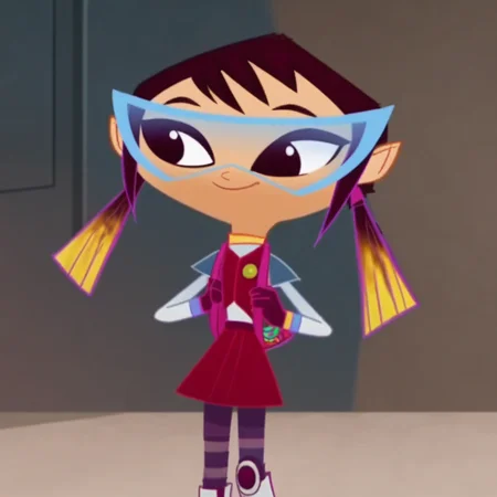 peach skin, specs with light blue rims, expressive eyes, in a room, dark brown hair, two ponytails, necklace, smile, full body, violet and yellow highlights hair, 1girl, purple eyeshadow, Score_9, red-violet miniskirt, Sashy_Kobayashi, long-sleeved sky blue shirt with purple and blue lines wrist, different styled socks, standing, dark brown eyes, white boots with a purple line down the front, red-violet sleeveless vest, maroon gloves