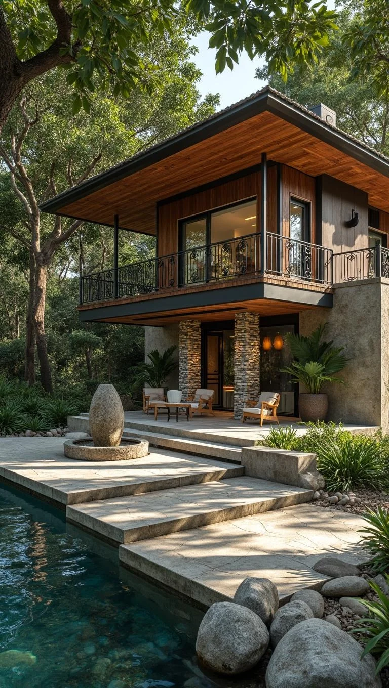 In the heart of a tranquil lagoon, a modern residence stands as a testament to both beauty and sustainability. The home, designed with a butterfly roof, gracefully captures rainwater, directing it into hidden cisterns. The exterior walls, crafted from recycled rubber tiles, offer a unique texture that complements the surrounding natural landscape. V-groove wood siding, a rich mahogany hue, contrasts beautifully with the vibrant green of the melodic songbird forests that surround the property, their harmonious chirping a constant soundtrack.
The residence is a model of eco-friendly living, featuring phase-change material coatings that regulate indoor temperatures, reducing the need for artificial heating and cooling. Community composting bins are discreetly placed, encouraging a cycle of waste reduction and nutrient recycling.
Inside, a fireplace lounge serves as the heart of the home, its warmth and comfort enhanced by a fountain base filled with smooth, rounded pebbles. The gentle trickle of water adds a sense of serenity, while downlighting highlights the intricate column capitals, casting soft shadows that dance across the room.
Spanish Revival windows, adorned with intricate ironwork, frame the breathtaking view of the coral reef, a living work of art visible just beyond the salt pan. The patio extends over the crystalline waters, offering a perfect spot for intimate gatherings or quiet reflection. Here, the blend of modern design and natural beauty creates a space that is both functional and profoundly inspiring.