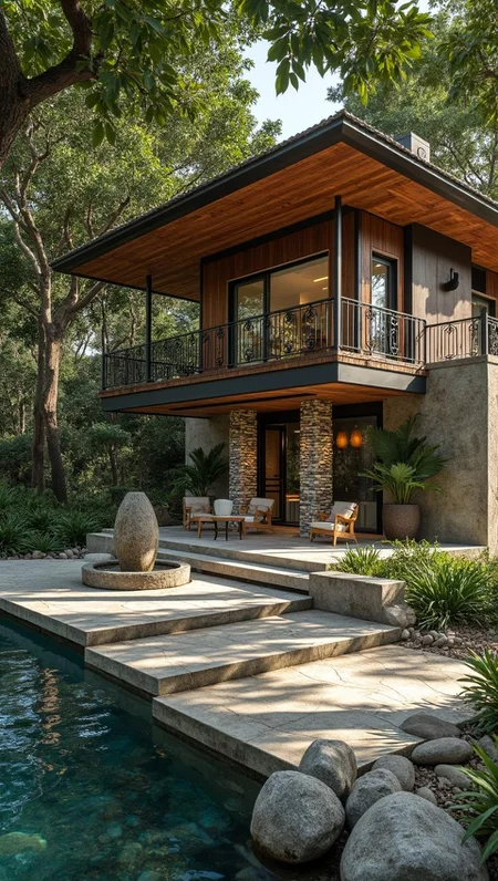 In the heart of a tranquil lagoon, a modern residence stands as a testament to both beauty and sustainability. The home, designed with a butterfly roof, gracefully captures rainwater, directing it into hidden cisterns. The exterior walls, crafted from recycled rubber tiles, offer a unique texture that complements the surrounding natural landscape. V-groove wood siding, a rich mahogany hue, contrasts beautifully with the vibrant green of the melodic songbird forests that surround the property, their harmonious chirping a constant soundtrack.
The residence is a model of eco-friendly living, featuring phase-change material coatings that regulate indoor temperatures, reducing the need for artificial heating and cooling. Community composting bins are discreetly placed, encouraging a cycle of waste reduction and nutrient recycling.
Inside, a fireplace lounge serves as the heart of the home, its warmth and comfort enhanced by a fountain base filled with smooth, rounded pebbles. The gentle trickle of water adds a sense of serenity, while downlighting highlights the intricate column capitals, casting soft shadows that dance across the room.
Spanish Revival windows, adorned with intricate ironwork, frame the breathtaking view of the coral reef, a living work of art visible just beyond the salt pan. The patio extends over the crystalline waters, offering a perfect spot for intimate gatherings or quiet reflection. Here, the blend of modern design and natural beauty creates a space that is both functional and profoundly inspiring.