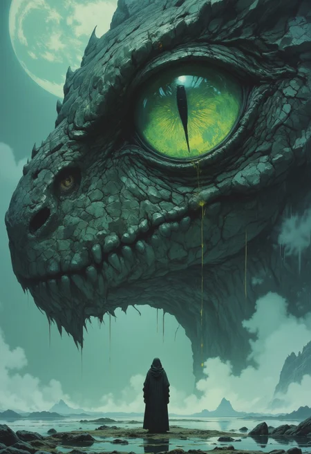 a striking and surreal scene that combines elements of both the natural world and fantasy. Dominating the composition is a massive, reptilian eye, filling almost the entire frame. The eye is highly detailed, with a slit-like pupil that suggests it belongs to a large, powerful creature, perhaps a dragon or another mythical being. The texture around the eye is rugged and scaly, giving the impression of ancient, weathered skin. In the lower portion of the image, a solitary human figure stands before the eye, dressed in a flowing black robe. The figure is tiny in comparison to the colossal eye, emphasizing the vast difference in scale and power between the two. The person stands on a surface that appears to be water or mist, which reflects the eerie, otherworldly light that surrounds the scene. The atmosphere is misty and dreamlike, adding to the sense of mystery and awe. Overall, the image is both dramatic and thought-provoking, blending cultural elements with a fantastical imagination to create a visually captivating scene. white sphere on the background