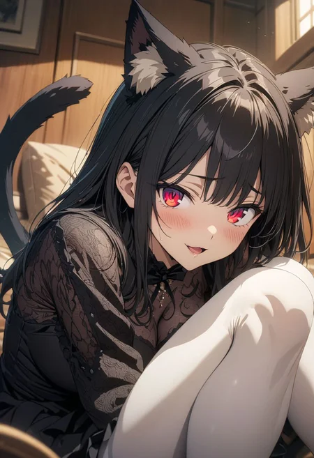 gorgeous lips, (masterpiece), (best quality), (ultra-detailed), very aesthetic, illustration, perfect composition, intricate details, absurdres, detailed face, (anime, masterpiece, intricate:1.3), (best quality, hires textures, high detail:1.2), (4k),(incredibly detailed:1.4)
a cat woman sitting and posing on top of the bed with her head down, 1girl, solo, animal ears, black hair, cat ears, smile, red eyes, white pantyhose, tail, looking at viewer, cat tail, animal ear fluff, long sleeves, blush, pantyhose, sitting, :d, open mouth, cat girl, bow, dress, bangs, indoors, puffy sleeves, black dress, black bow , (best quality, masterpiece, ultra-detailed, illustration),(8K wallpaper),(beautiful detailed eyes), beautiful, amazing, detailed eyes, (detailed skin)
