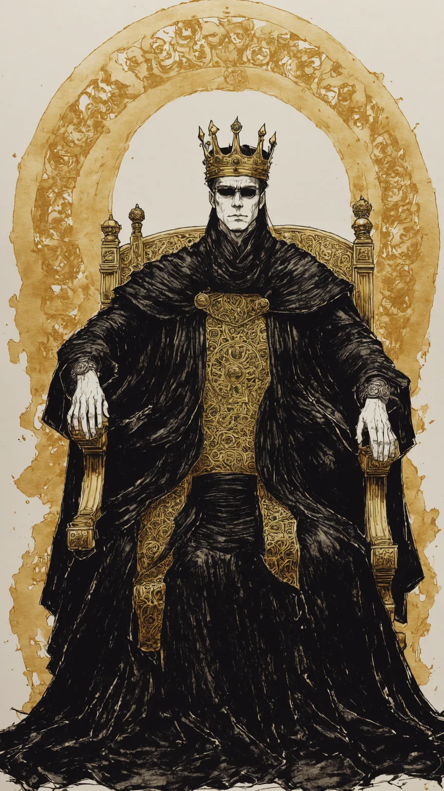 <lora:DarkInkAI:1> DarkInkAI, king on his throne, golden ink, inksketch